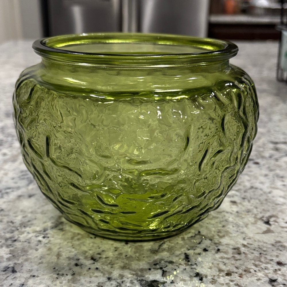 Vintage E.O. Brody Company green crinkle glass vase/bowl/planter. MCM decor